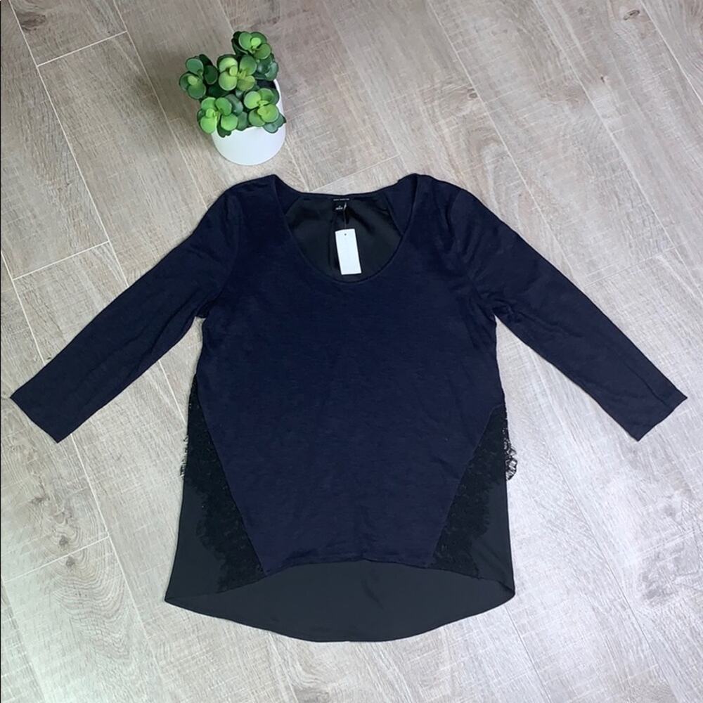NWT ANN TAYLOR Women's Blue Black 3/4 Sleeve Lace Jersey Top